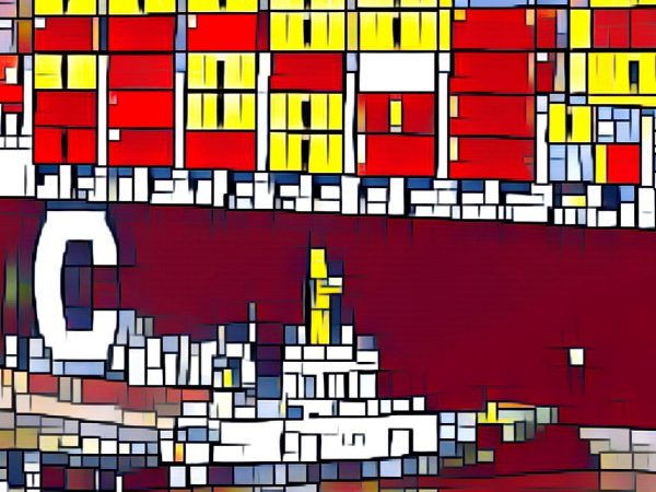 This photography with artwork filter shows the big container ship MSC Livorno departing in Singapore and turning with tug assistance. This photography was made in November 2021.